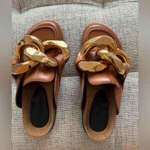 JW ANDERSON Brown Leather Mules with Gold Chain